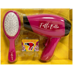 Fatti Bella hair stylist set features a pink styling tool, a pink and white brush, and vibrant yellow packaging.