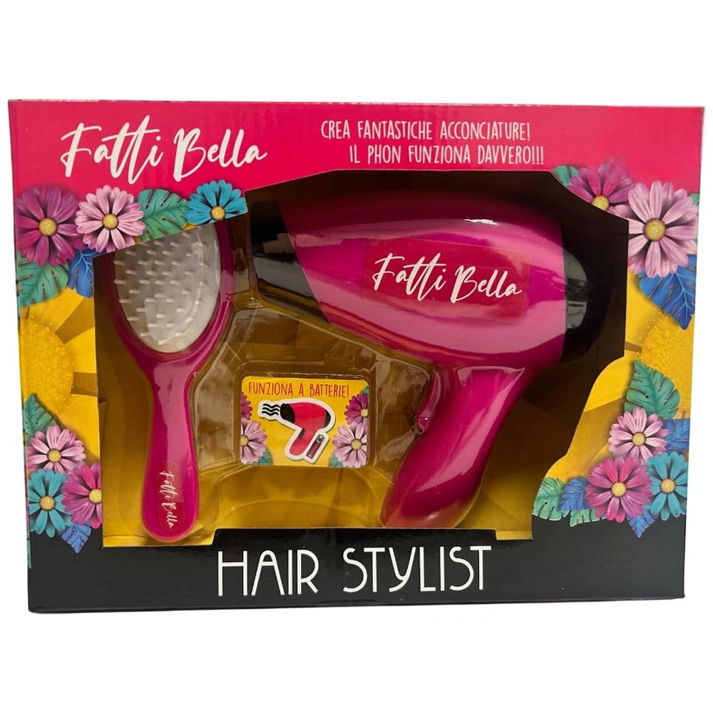 Fatti Bella hair stylist set in a pink floral box with a clear window showcasing a pink-handled styling tool.