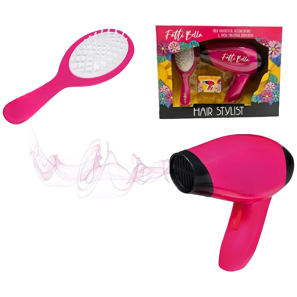 Fatti Bella hair stylist set featuring a pink and black hairdryer alongside a pink brush on a plain white background.