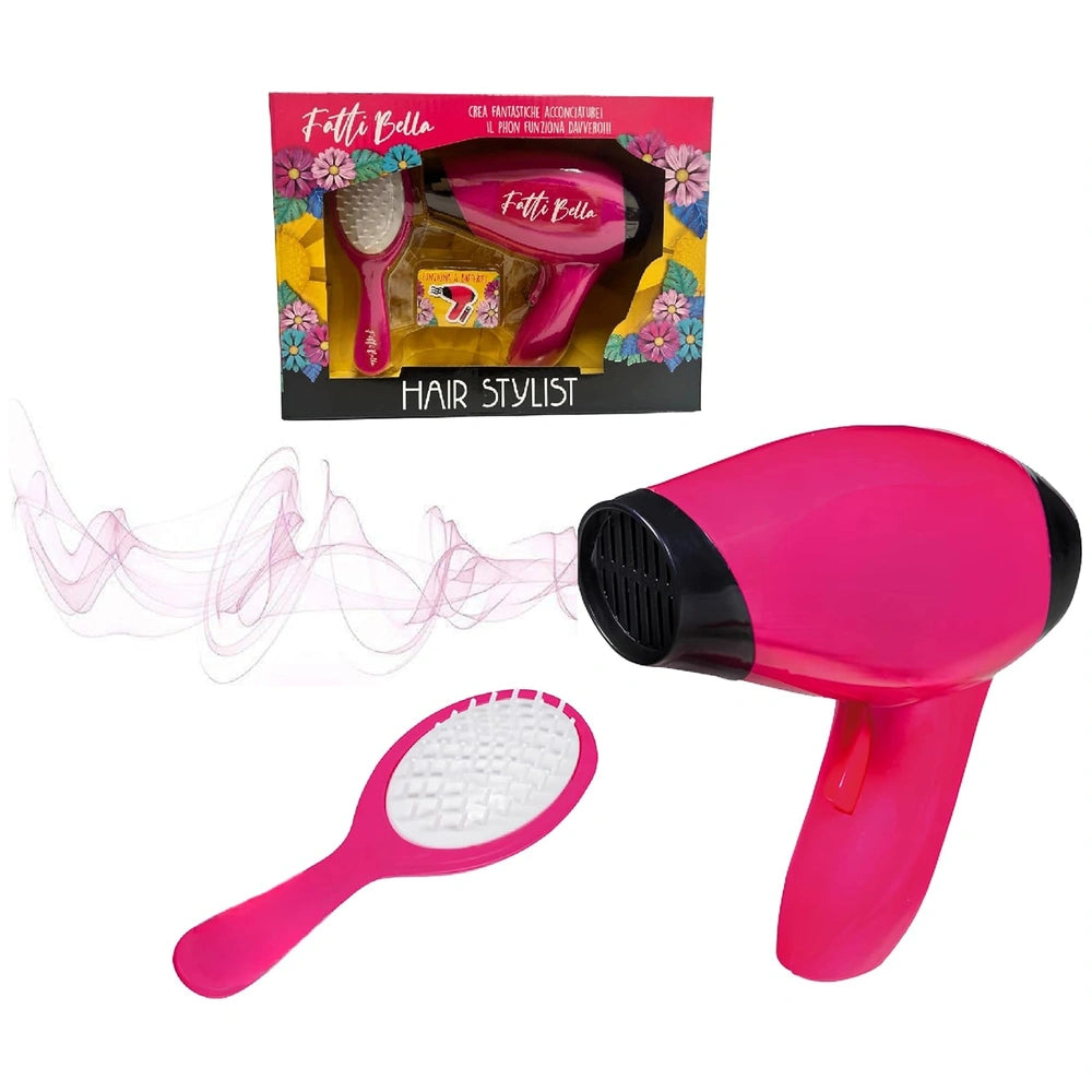 Fatti Bella hair stylist set includes a pink and black hair dryer with a pink and white brush attachment against a white back