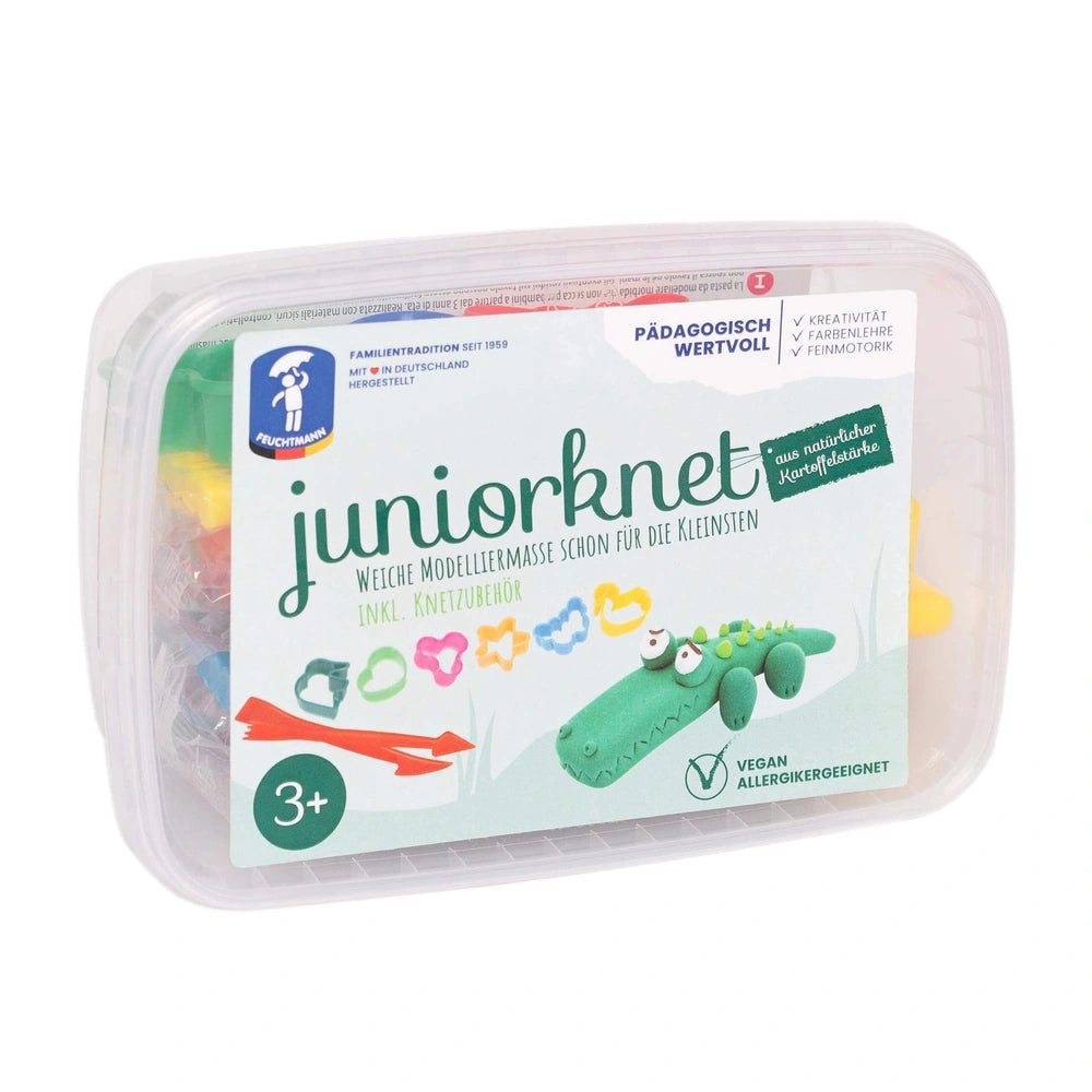 Feuchtmann Basic Modelling Dough Junior Box with 8 colorful 35g containers, featuring playful alligator illustrations and veg