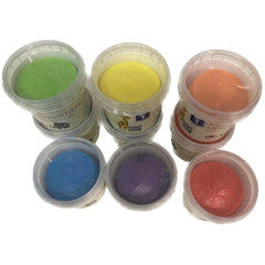 Feuchtmann Basic Modelling Dough in five stacked translucent containers: blue, green, yellow, and pink, with attached lids.