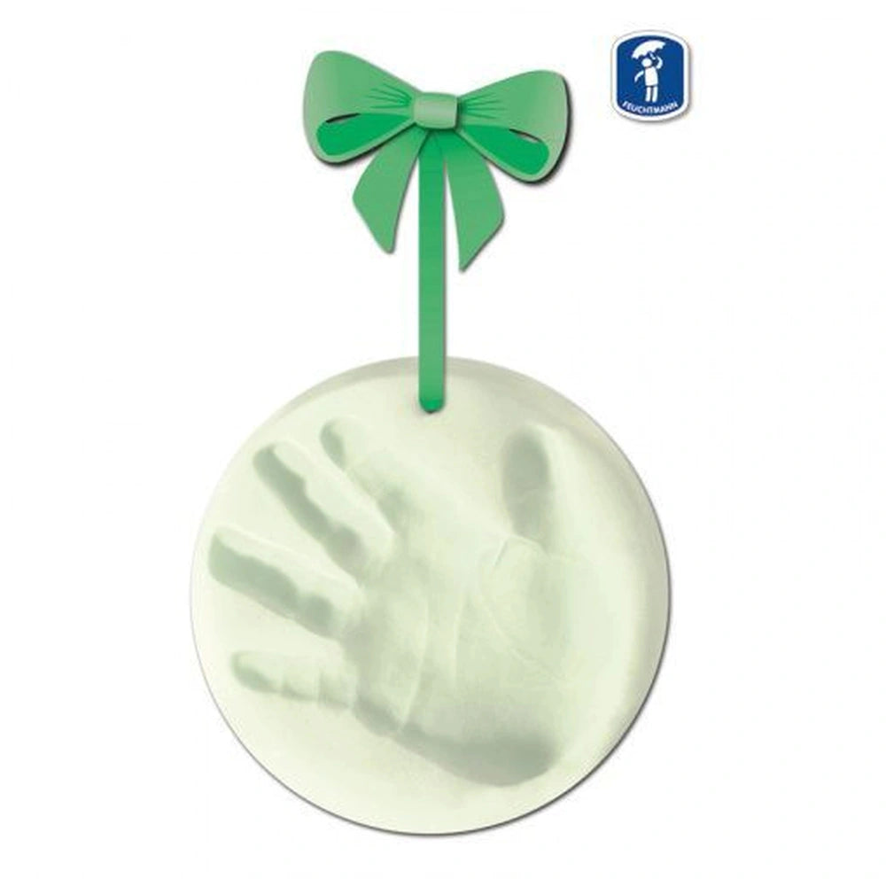 Feuchtmann Infant Art Impression Basic Pack featuring a white object with a green bow and a hand impression on top.
