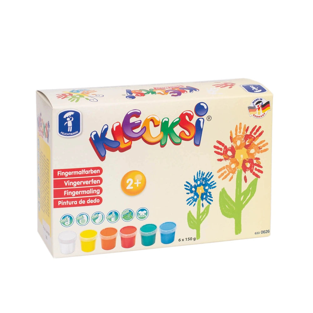 Klecki Basic Maxi Finger Paints pack of 6 x 150g in colorful cardboard packaging with a clear plastic window.