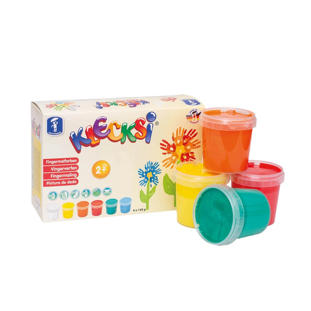 Feuchtmann Klecksi Basic Maxi Finger Paints pack features six colorful plastic cups stacked in a rainbow-themed cardboard box