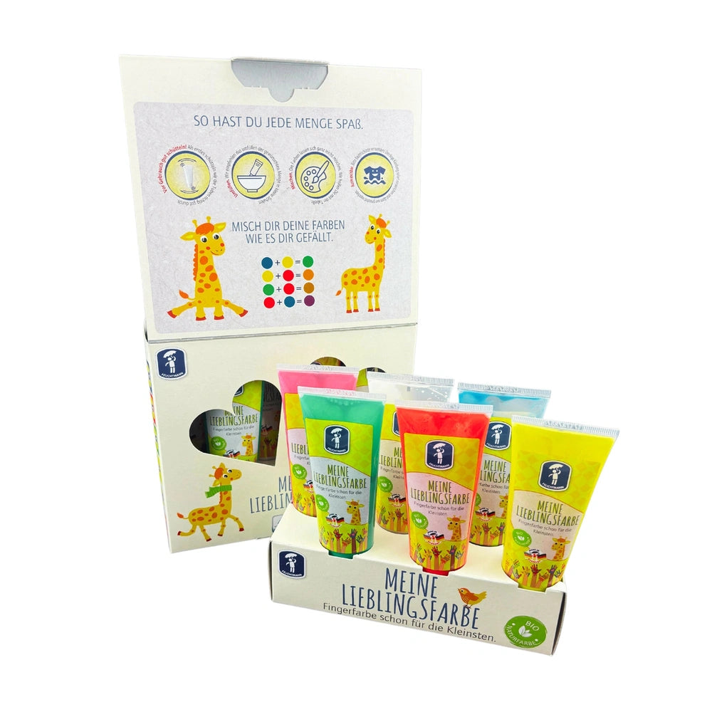Feuchtmann arts and crafts pack featuring six 75g tubes in colorful designs including a giraffe, bird, and fish on cardboard 