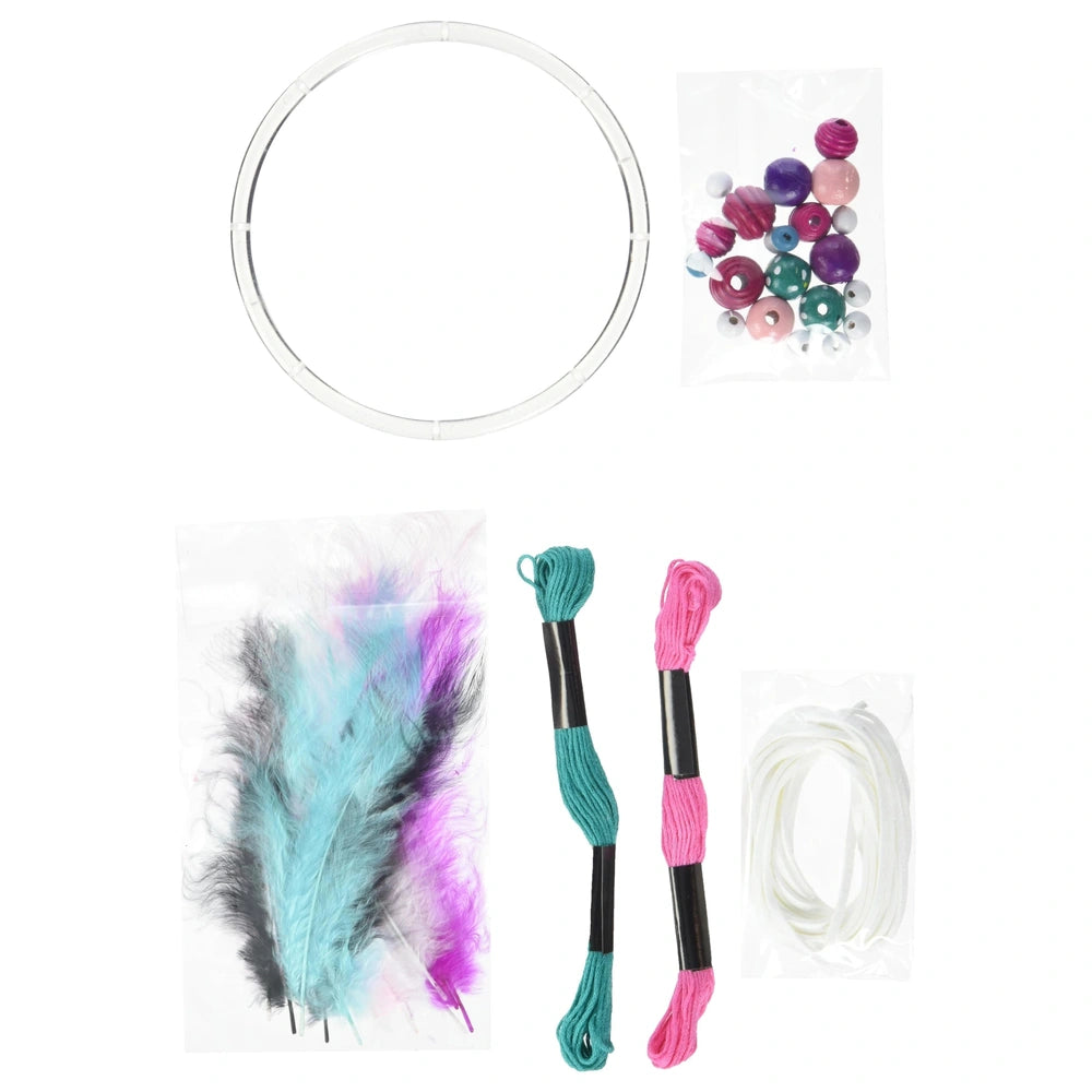 Folia Dreamcatcher Set featuring white feathers, pink, blue, and green strings, and white wires in a plastic bag.