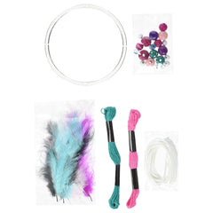 Folia Dreamcatcher Set featuring white feathers, pink, blue, and green strings, and white wires in a plastic bag.