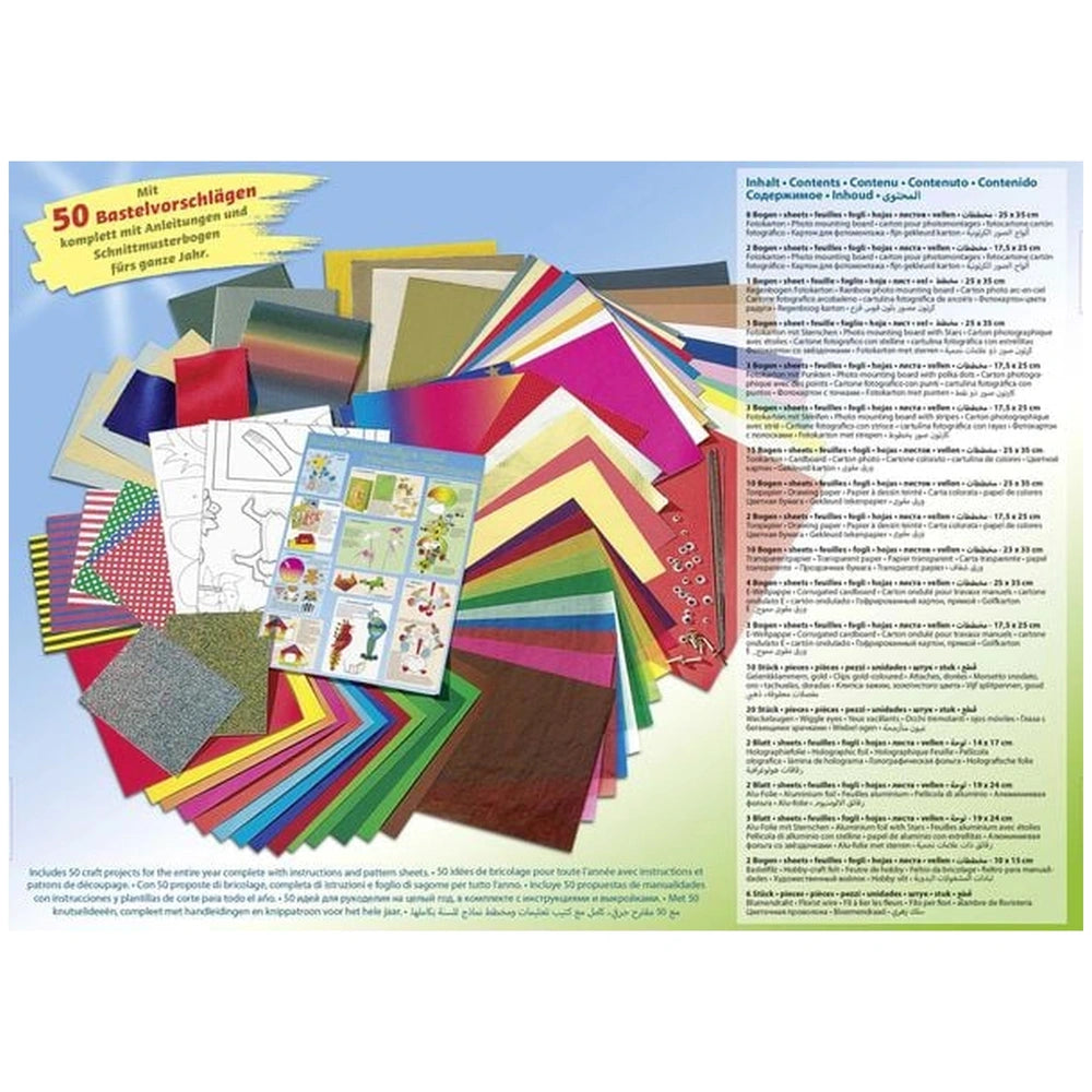 Folia Jumbo Bastelbox with 107 multi-coloured craft pieces in matte cardboard packaging featuring a transparent window.