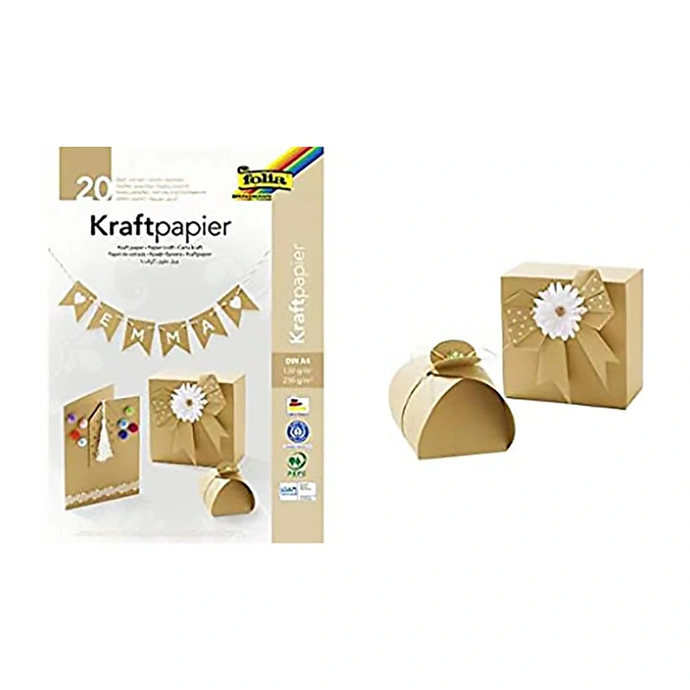 Folia Kraftpapier A4 sheets in natural color with printed designs, glossy box, gold embellishments, and recycling info.