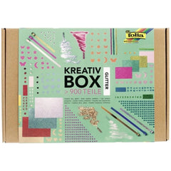 Folia Kreativ Box Glitter with 900 multi-colored craft pieces, featuring glossy and textured surfaces, and metallic foil elem