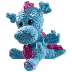 Blue dragon stuffed animal from Folia's Mini Crochet Kit featuring a purple nose, pink feet, and a heart on its head.