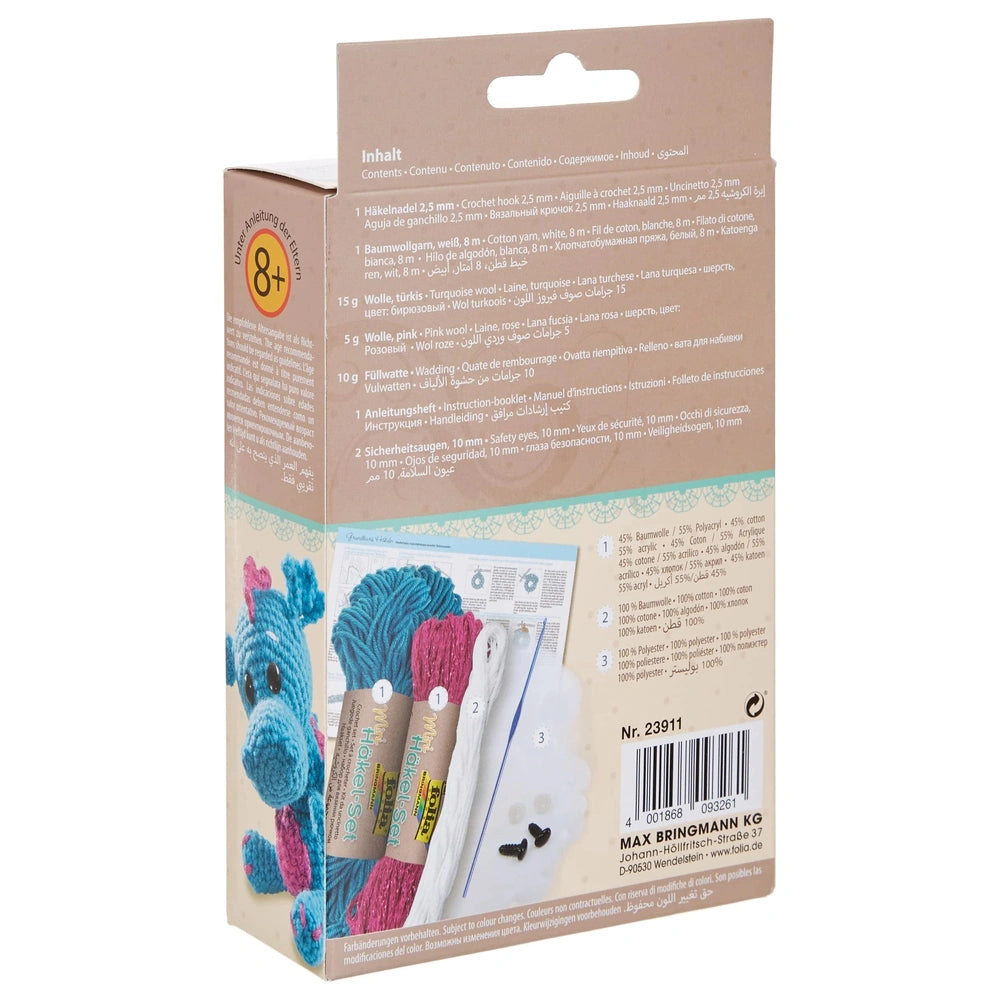 Folia Mini Crochet Kit features a blue and pink crochet hook, two yarn spools, and Arabic text on matte cardboard packaging.