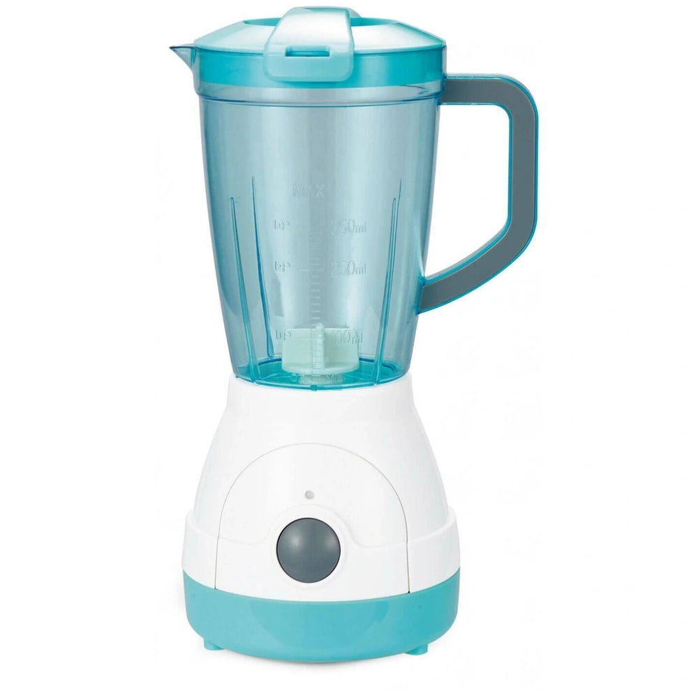 Frulla Matic Maison de Luxe Toy Blender features a clear pitcher, white base, and turquoise handle for pretend play.