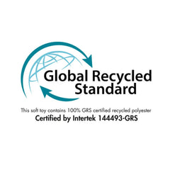 Fyrry Dog Puppy plush toy features a logo indicating it is made from 100% GRS certified recycled polyester.