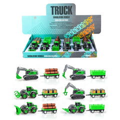 Ginmar construction vehicle playset features green and black toy vehicles with various accessories and cargo attachments.
