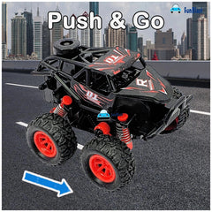 Dinosaur-themed Ginmar monster truck in black and red with textured body, "Push & Go" text, and blue arrow.