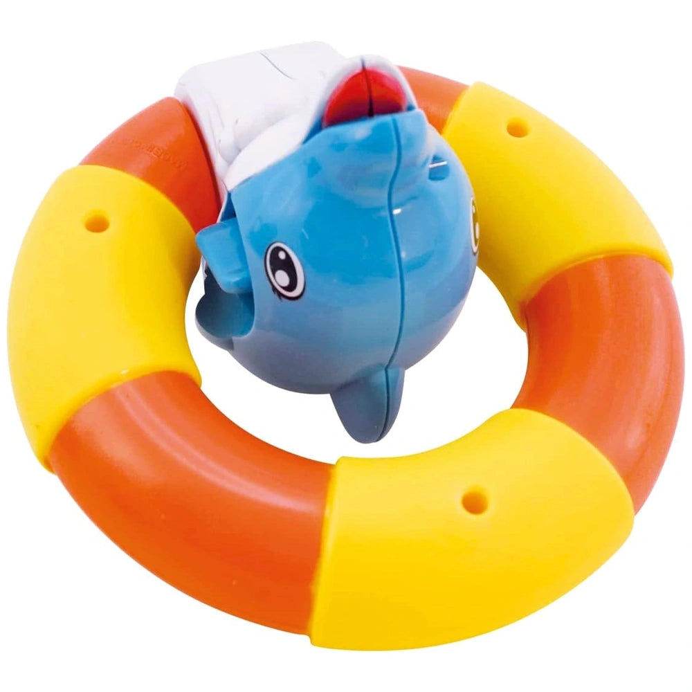 Ginmar Happy Ring features a blue plastic dolphin with a smiling face, attached to orange and yellow matte rings.