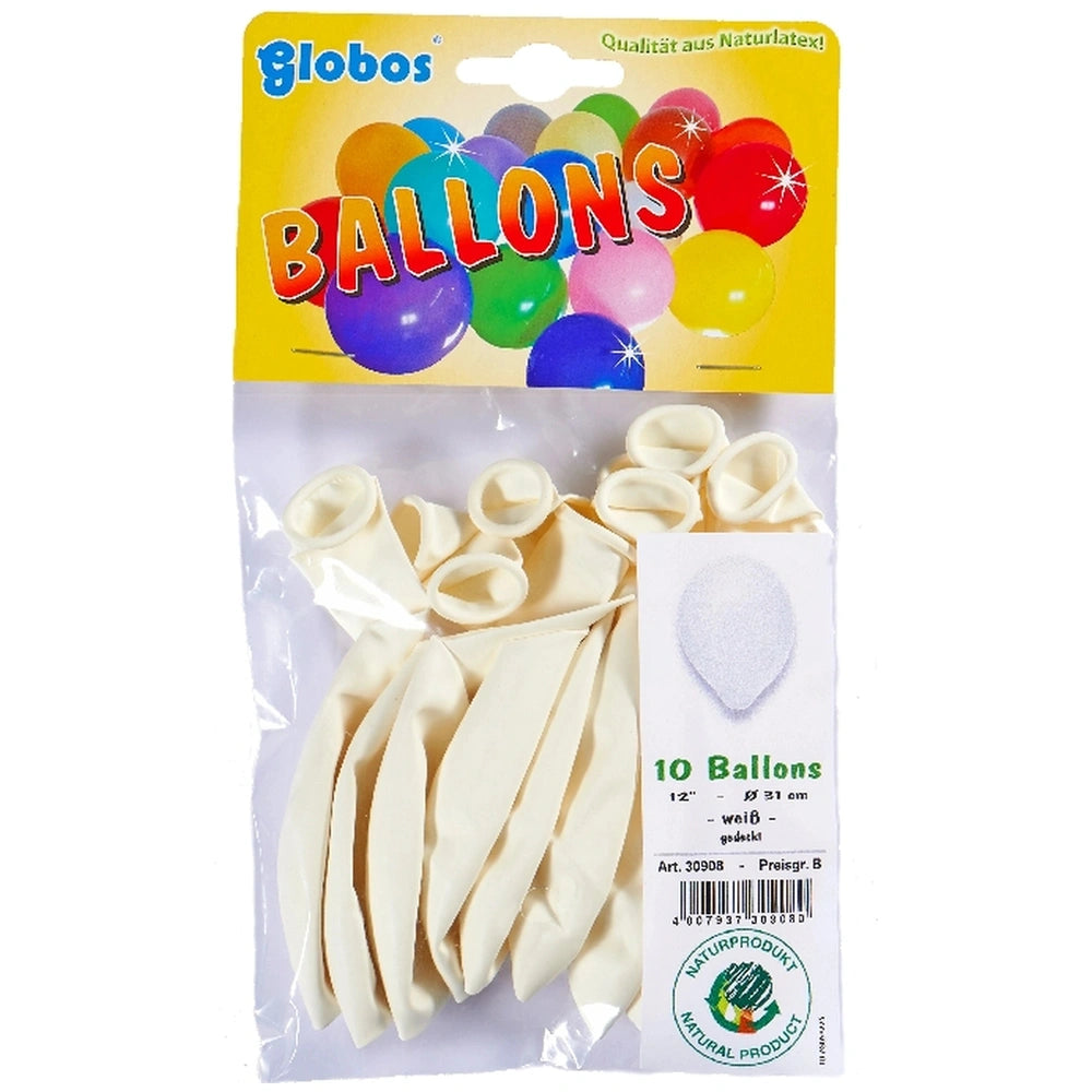 Globo white balloons pack of 10 in glossy yellow packaging with colorful matte balloons and red, blue, green text.