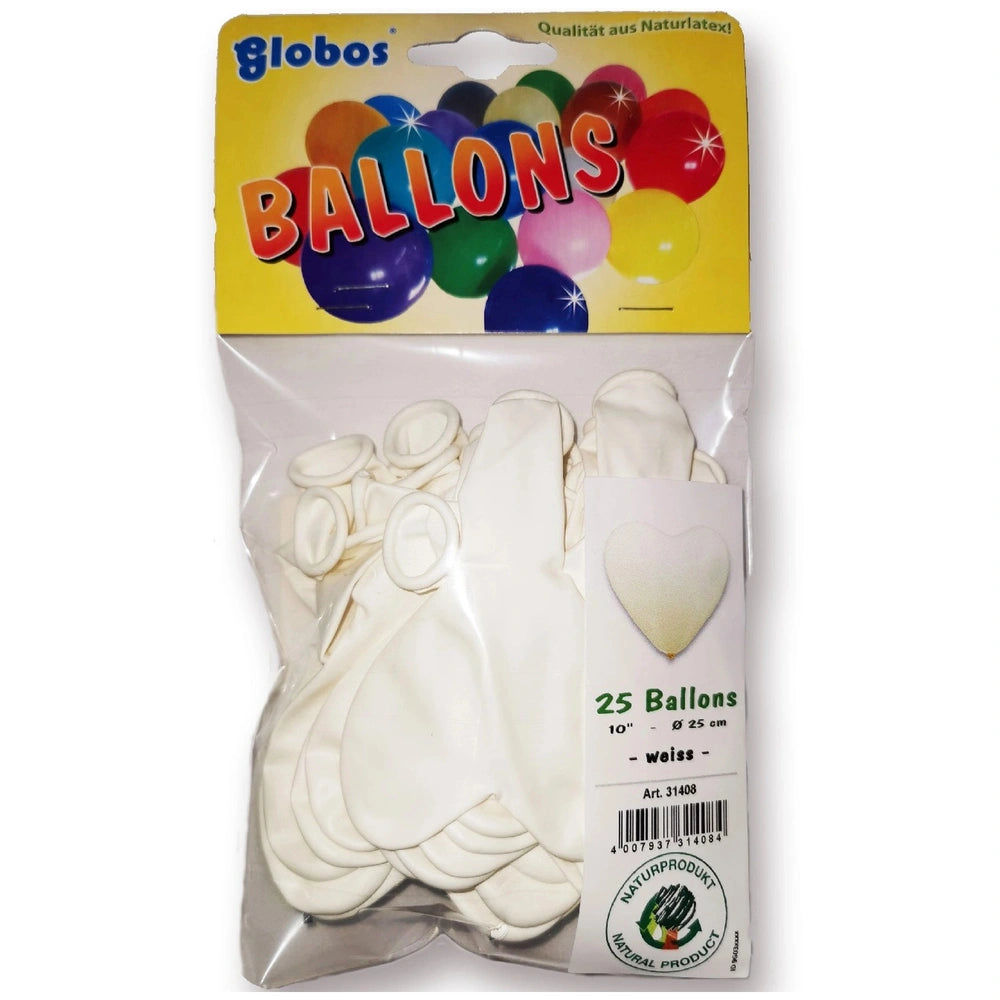 Globo white heart balloons 25cm pack of 10 in plastic packaging with printed cardboard backing and product details.