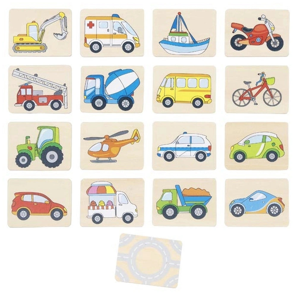 GOKI Memo Vehicles card game features nine cartoon-style vehicles arranged in a grid, including a bulldozer, fire truck, and 