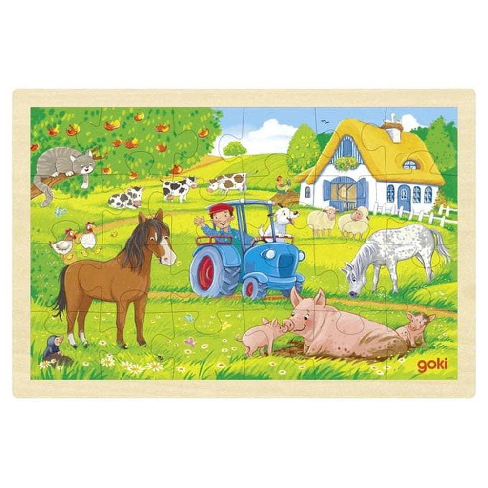 GOKI Puzzle Farm features colorful animal puzzle pieces, matte cardboard material, and a child playing in a green field backg