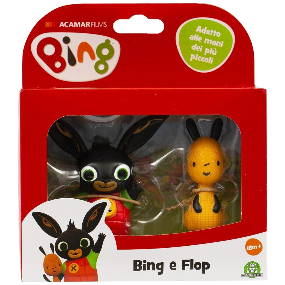 GOLDEN BEAR Bing Flop action figures in glossy red packaging with a clear window, featuring black and yellow figurines and It