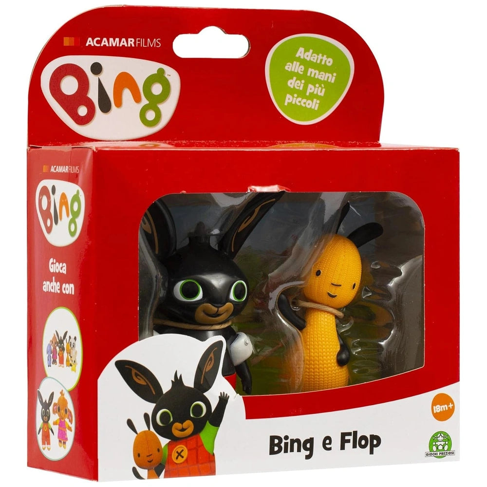 GOLDEN BEAR Bing Flop action figures in a red box with plastic window, featuring two colorful toys and white text.