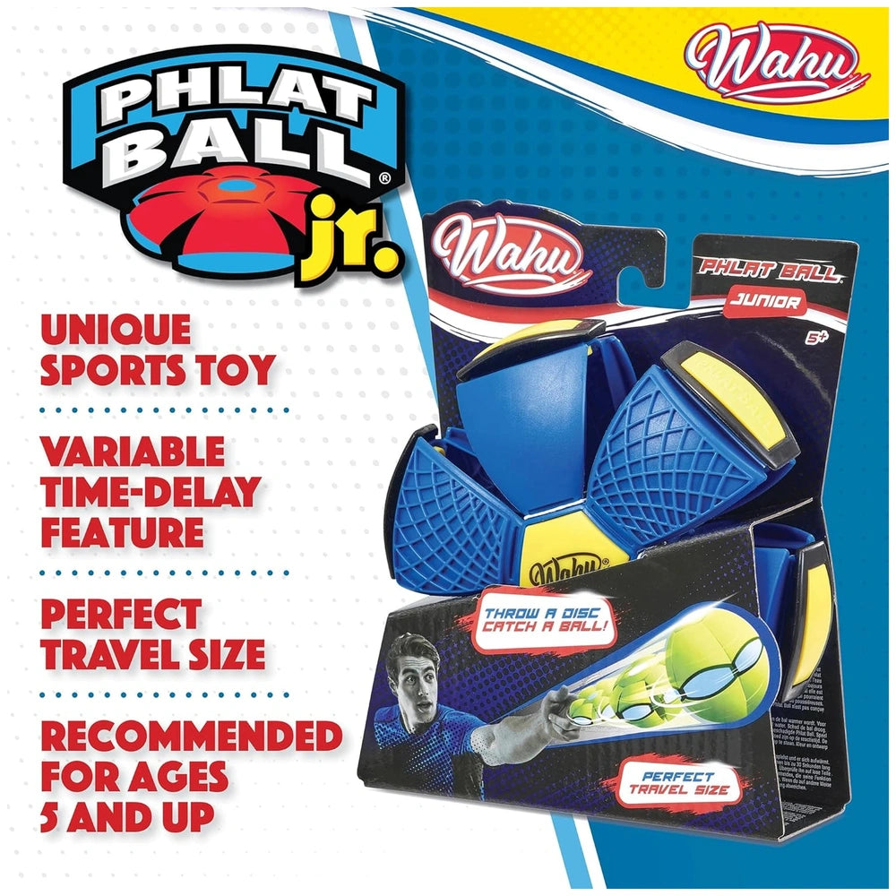 Goliath Wahu Phlat Ball Junior 10 cm sports toy in a glossy blue and yellow cardboard box with a plastic window.