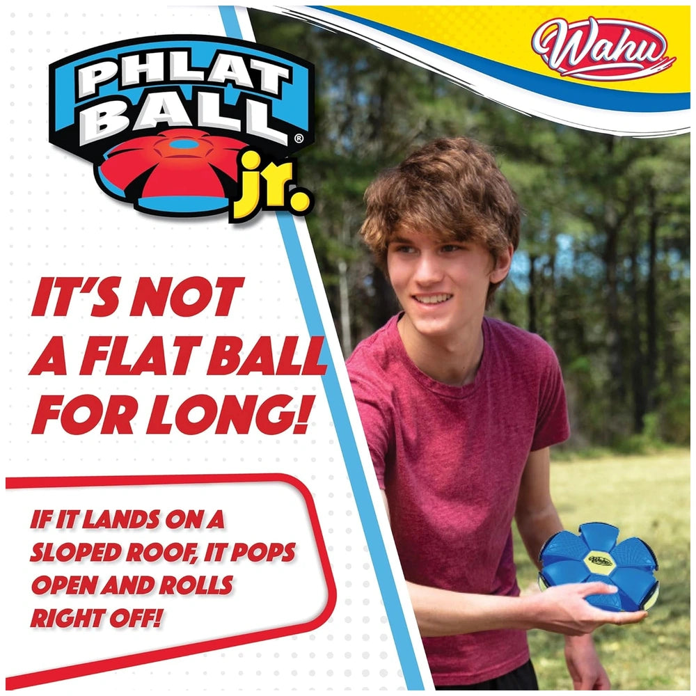 Goliath Wahu Phlat Ball Junior 10 cm in glossy yellow packaging features a red and blue ball graphic with playful text.
