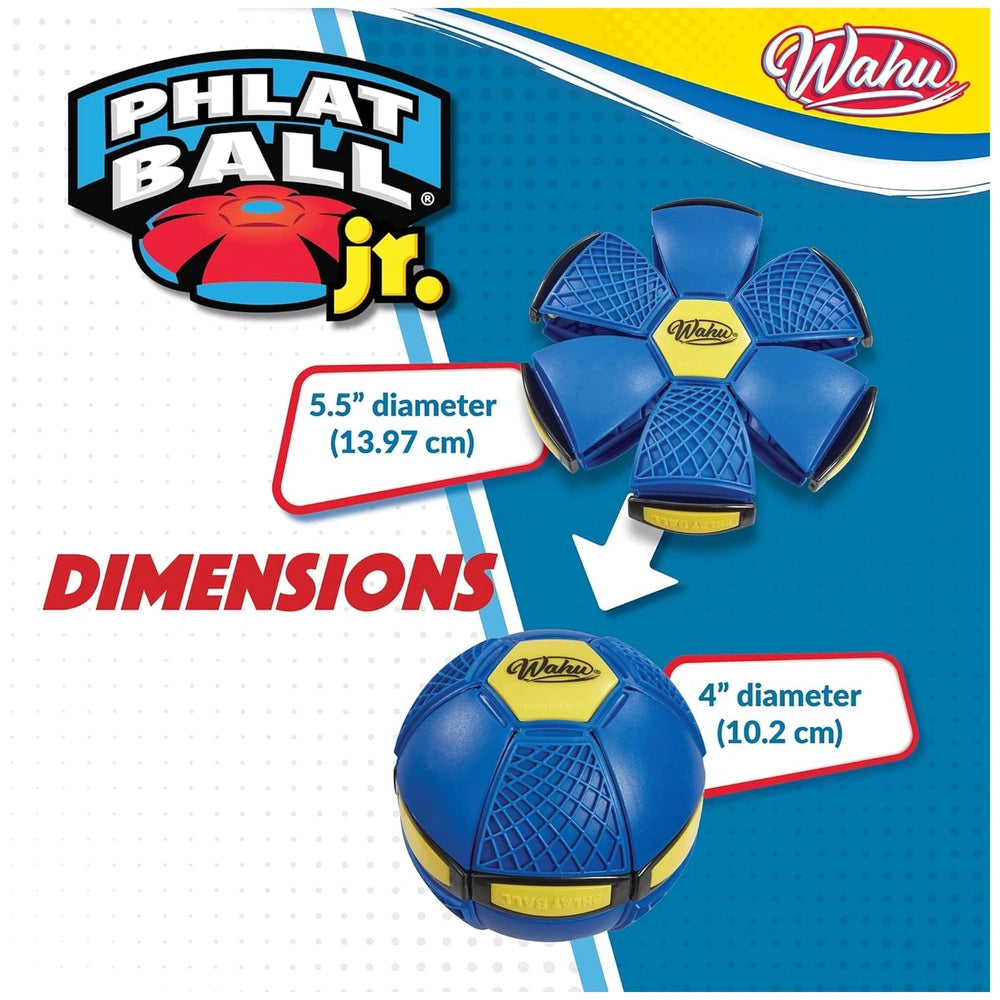 Goliath Wahu Phlat Ball Junior sports toys in blue and yellow, featuring two balls and dimensions of 5.5" diameter on retail 