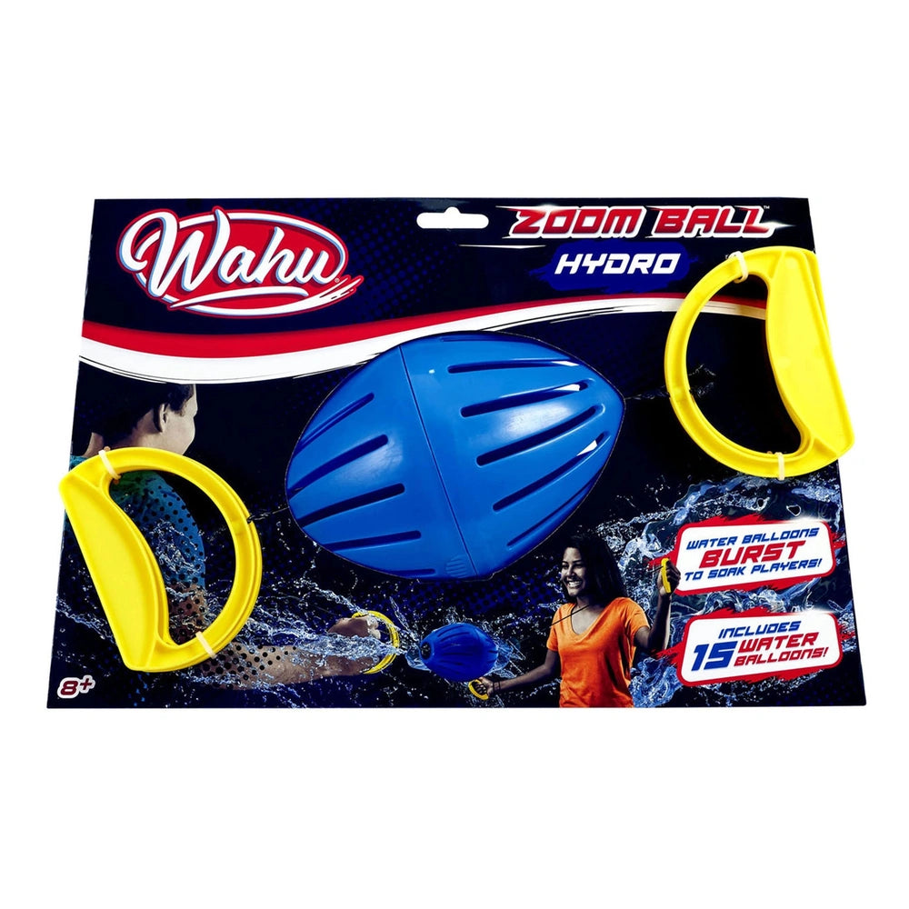 Goliath Wahu Zoom Ball Hydro sports toy packaging features glossy blue background, white text, and images of a blue balloon a