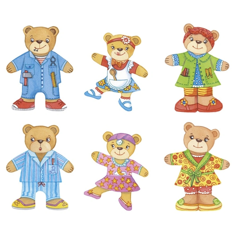 Gollness Bear Design Dress Up Box Puzzle features six teddy bears in vibrant outfits with unique expressions and poses.