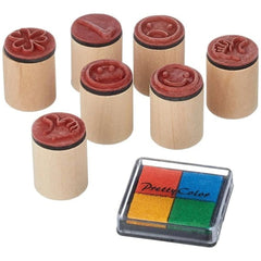 Gollness Cloverleaf and Smile Stamp Set features six colorful stamps with a wooden base and a clear plastic cover labeled "Pr