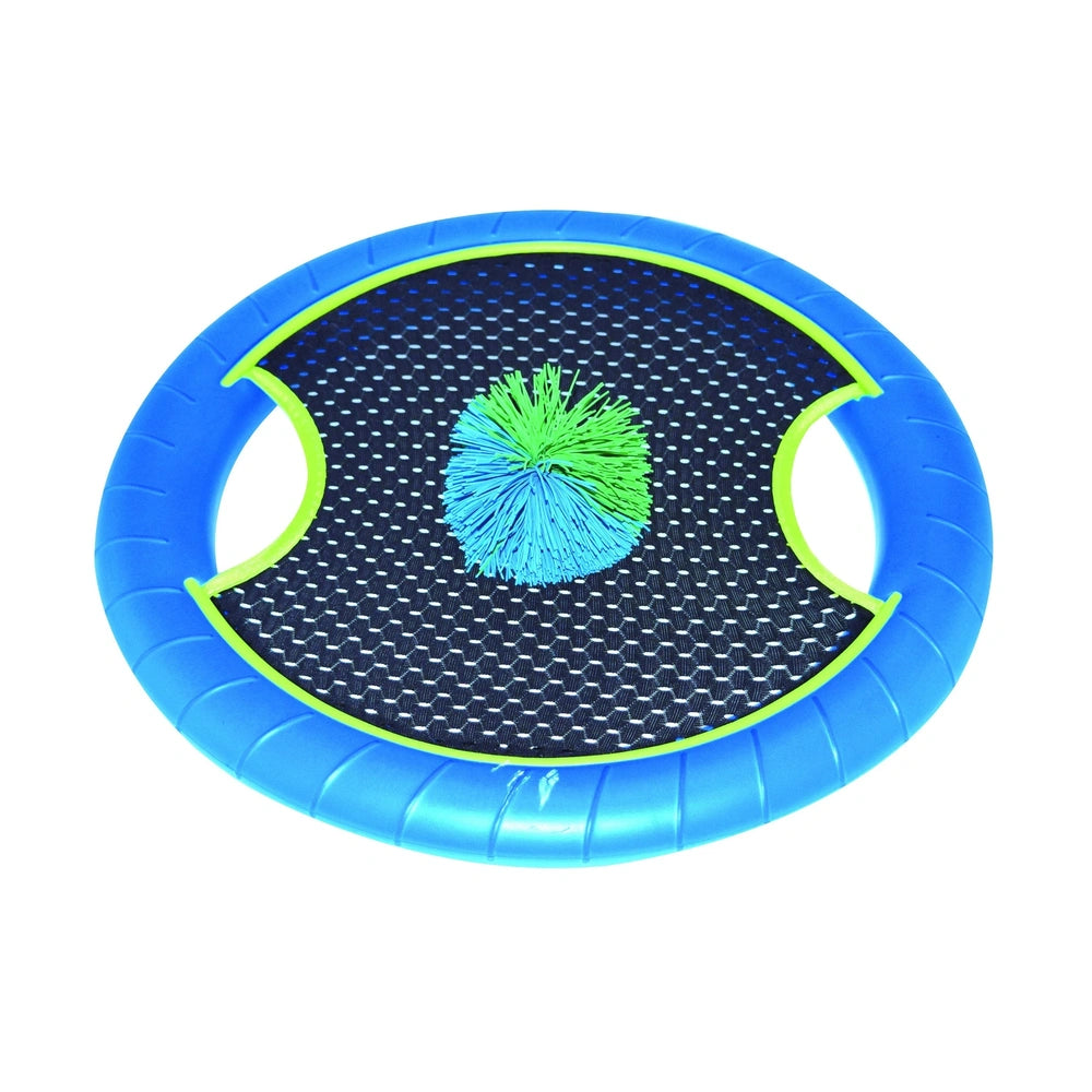 Gowi Active Hand Trampoline Game features a blue circular surface with a glossy black pattern and a green fuzzy ball on top.