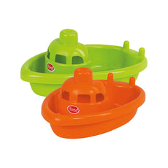 Gowi Boat Hamburg beach toy in orange with a green top, red bottom, and "Cow" text on the underside.