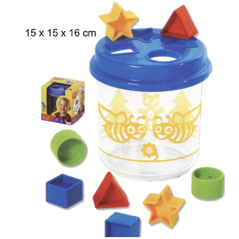 Gowi Box Bee baby activity toys feature colorful plastic pieces in blue, yellow, green, red, and orange, arranged in a clear 
