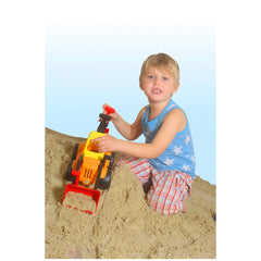 Gowi bulldozer toy in yellow and orange, played with by a young child on light brown sand.
