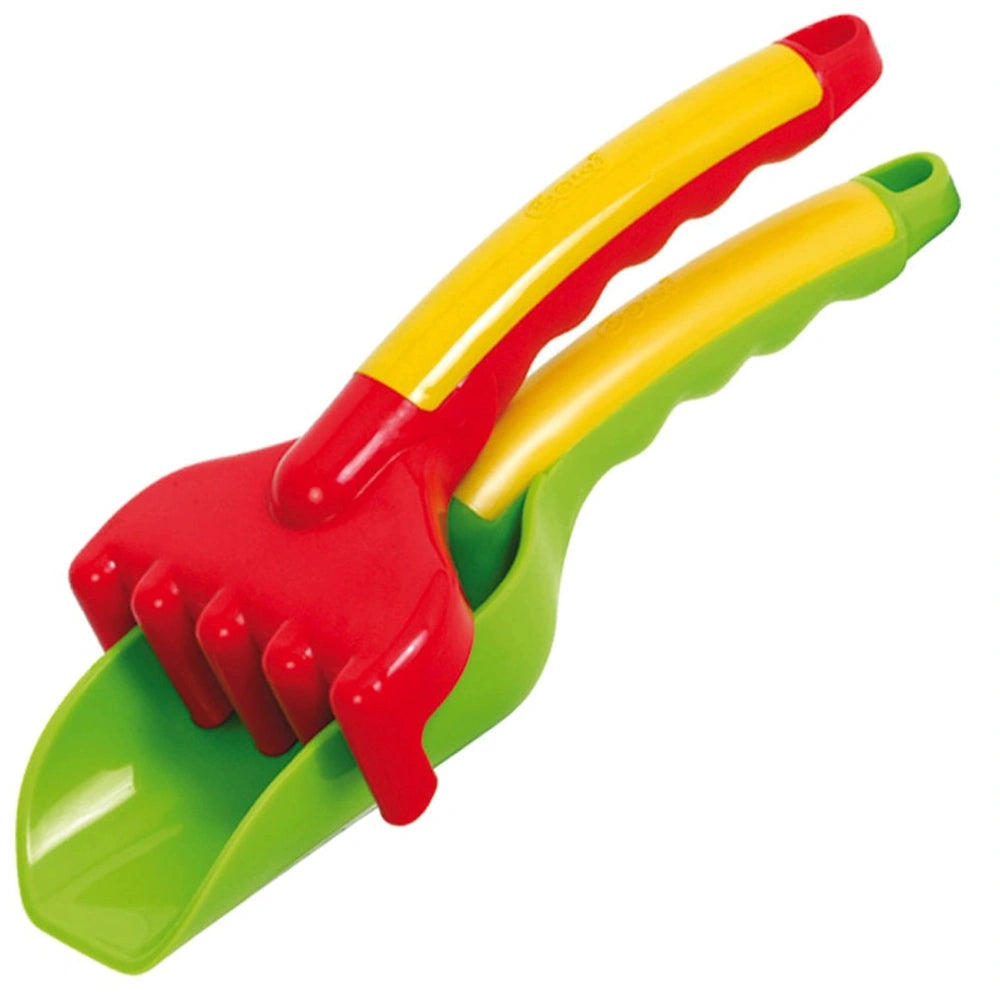 Gowi beach toy set features a colorful 24 cm shovel and rake with red, green, and yellow handles for sand play.