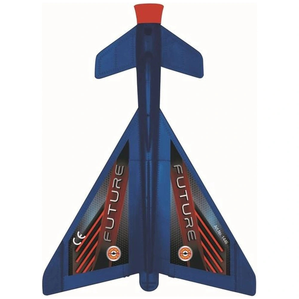 Future Catapult Glider in blue, red, black, and orange fabric with clear plastic, showcasing "FUTURE" text on wings.