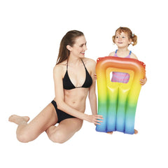 Happy People air mattress in a lifestyle scene with a smiling woman in a black bikini and a girl holding a rainbow inflatable