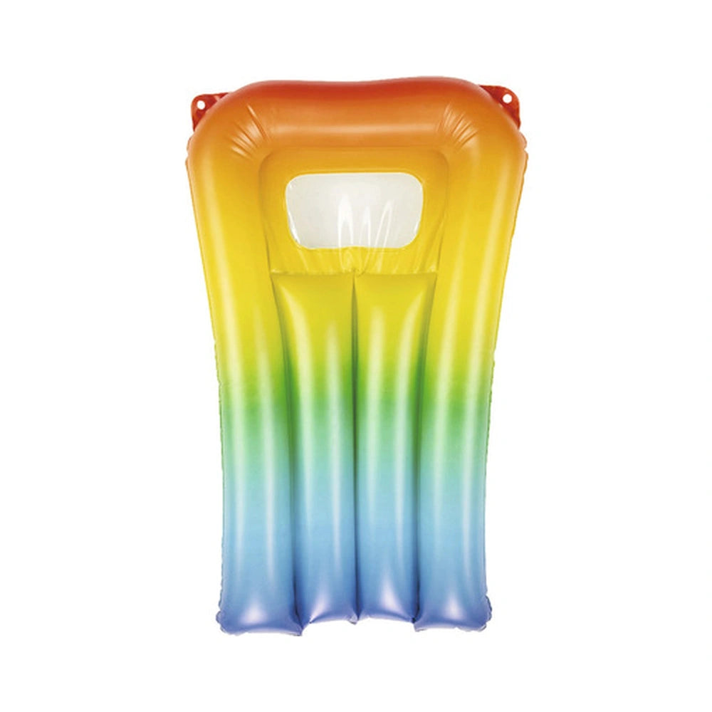 Happy People air mattress float features an orange, yellow, and green PVC design with a central transparent window and handle