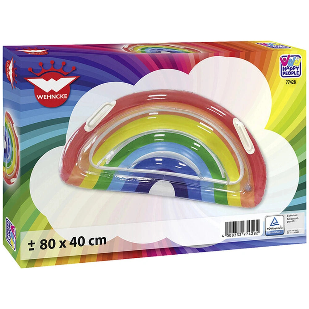 Happy People air mattress in rainbow colors, visible through glossy packaging with a handle and label reading "WENHNCKE 7748"