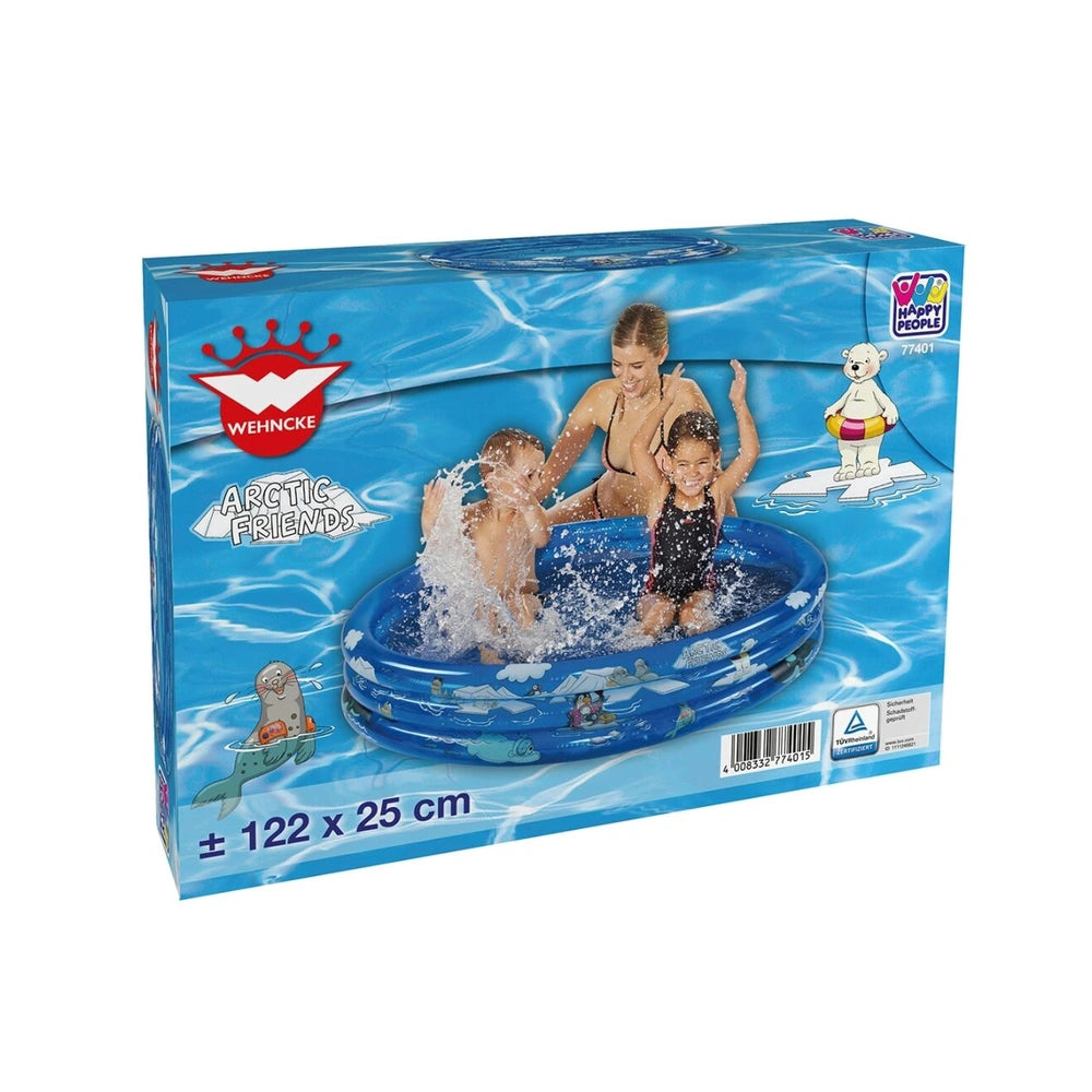 Happy People Arctic Friends Pool with three rings, featuring children, polar bear, whale, penguin, and fish on blue packaging