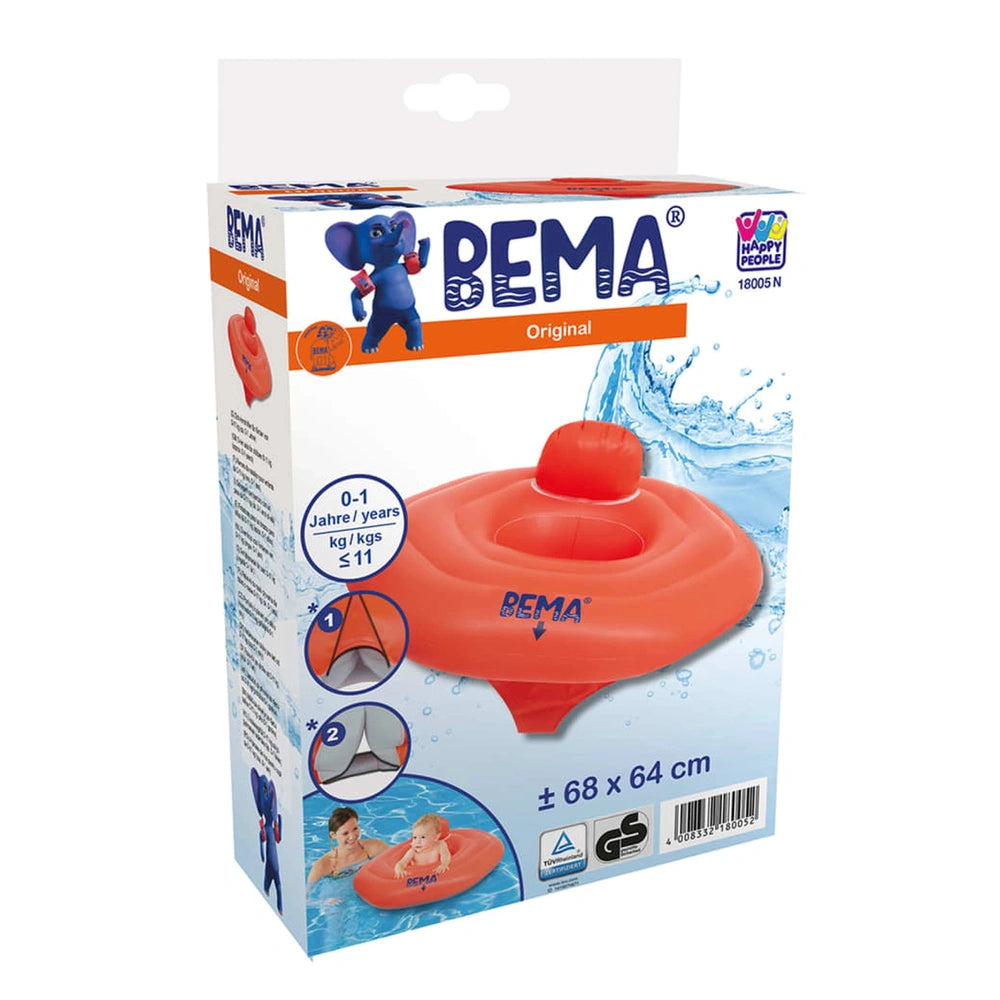 Bema Baby Swimming Seat in red, showcased in white cardboard packaging with blue and orange accents and a clear plastic windo