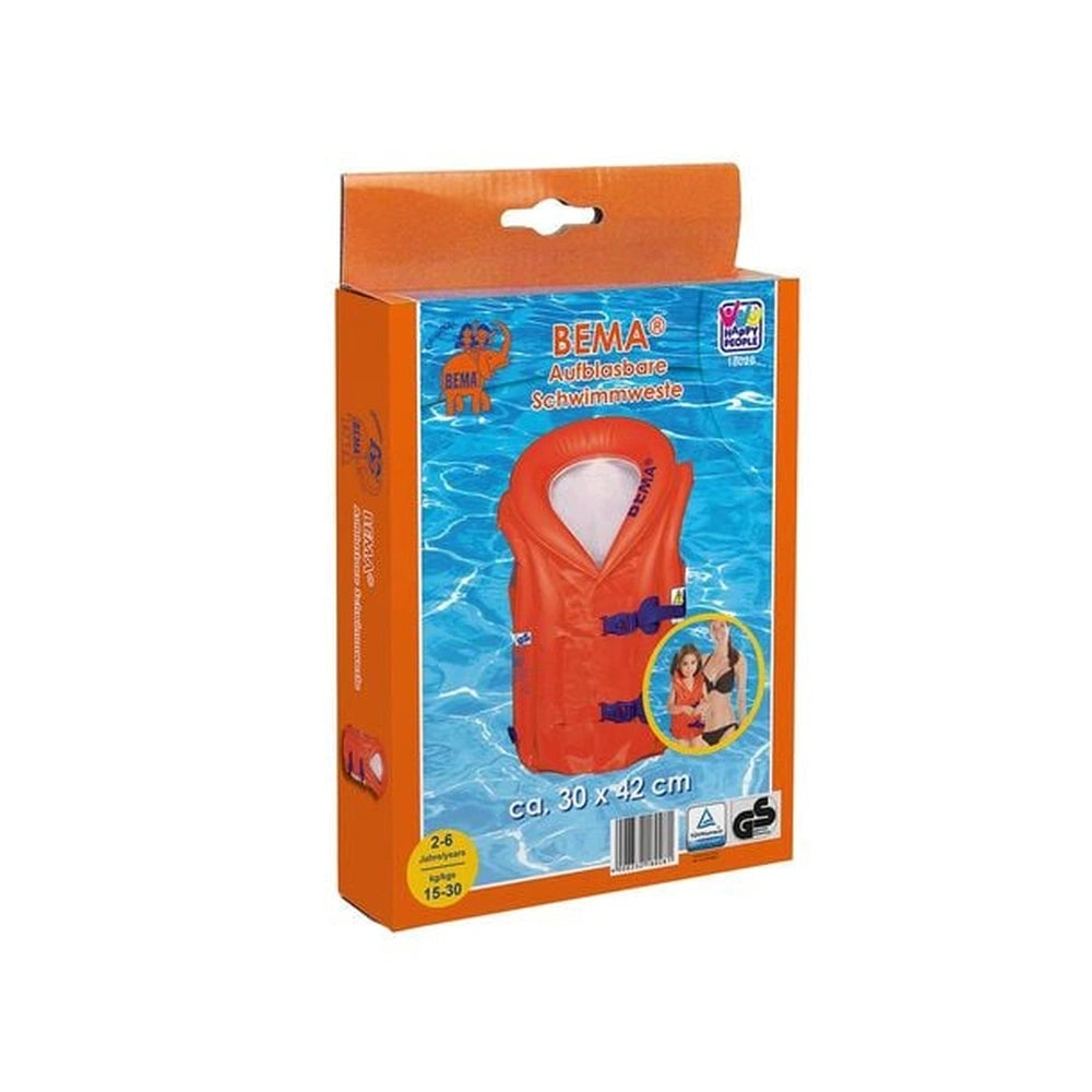 Bema Inflatable Life Jacket for kids 2-6 years in orange, displayed in a retail box with blue water imagery and white text.