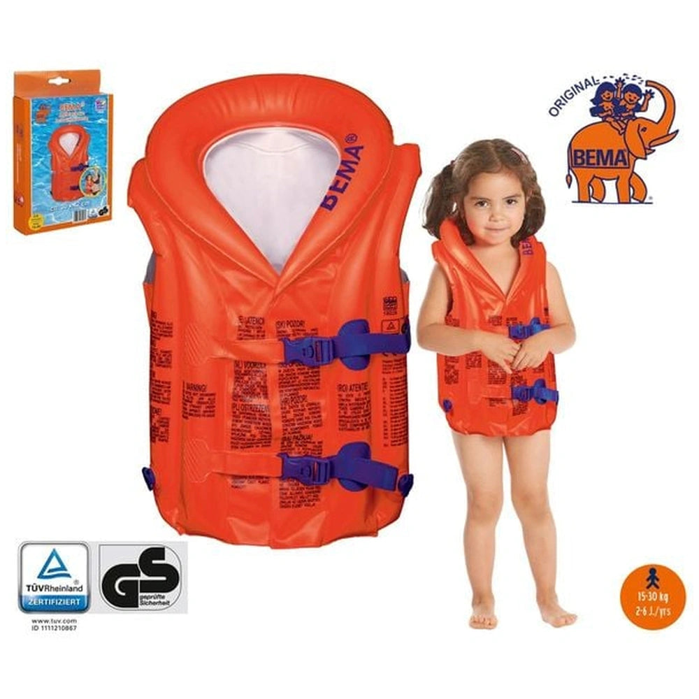 Happy People Bema inflatable life jacket for ages 2-6, featuring shiny orange exterior, white lining, and multiple blue strap
