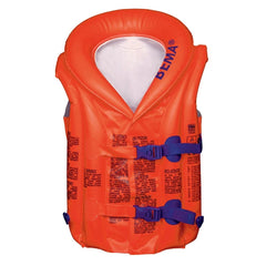 Bema Inflatable Life Jacket for kids 2-6 years, shiny orange fabric with white interior, round neckline, zipper, and straps.