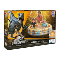 Jurassic World inflatable pool packaging features a family of three, vibrant dinosaur graphics, and dimensions 122 x 23 cm.