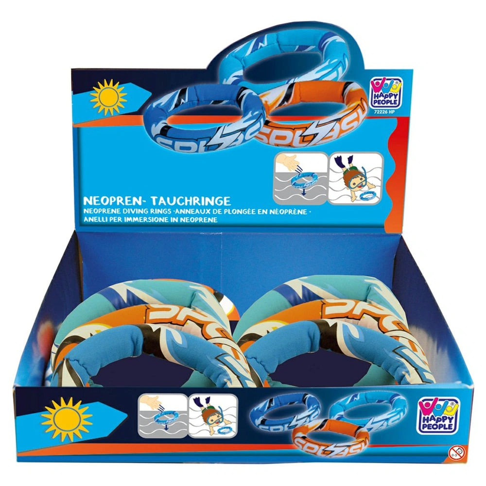 Happy People neoprene diving ring packaging features blue and orange inflatable rings with child characters and a sun icon.